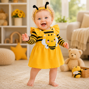 Long Sleeve Bee Baby Romper Dress Set with Headband