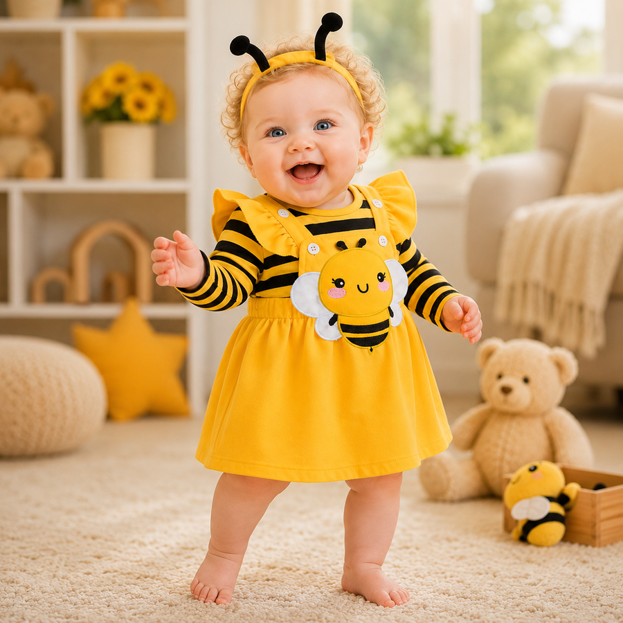Long Sleeve Bee Baby Romper Dress Set with Headband