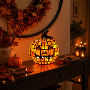Mosaic-style pumpkin lamp for indoor Halloween table decor