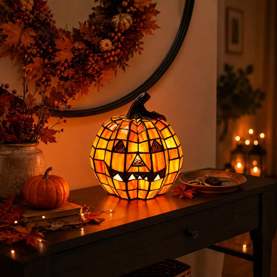 Mosaic-style pumpkin lamp for indoor Halloween table decor