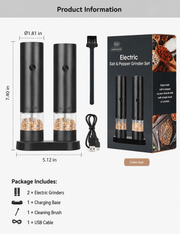 ChefPro rechargeable salt and pepper grinder set dimensions and included accessories