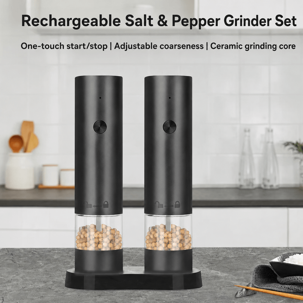 ChefPro rechargeable salt and pepper grinder set on modern kitchen countertop