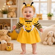Long Sleeve Bee Baby Romper Dress Set with Headband