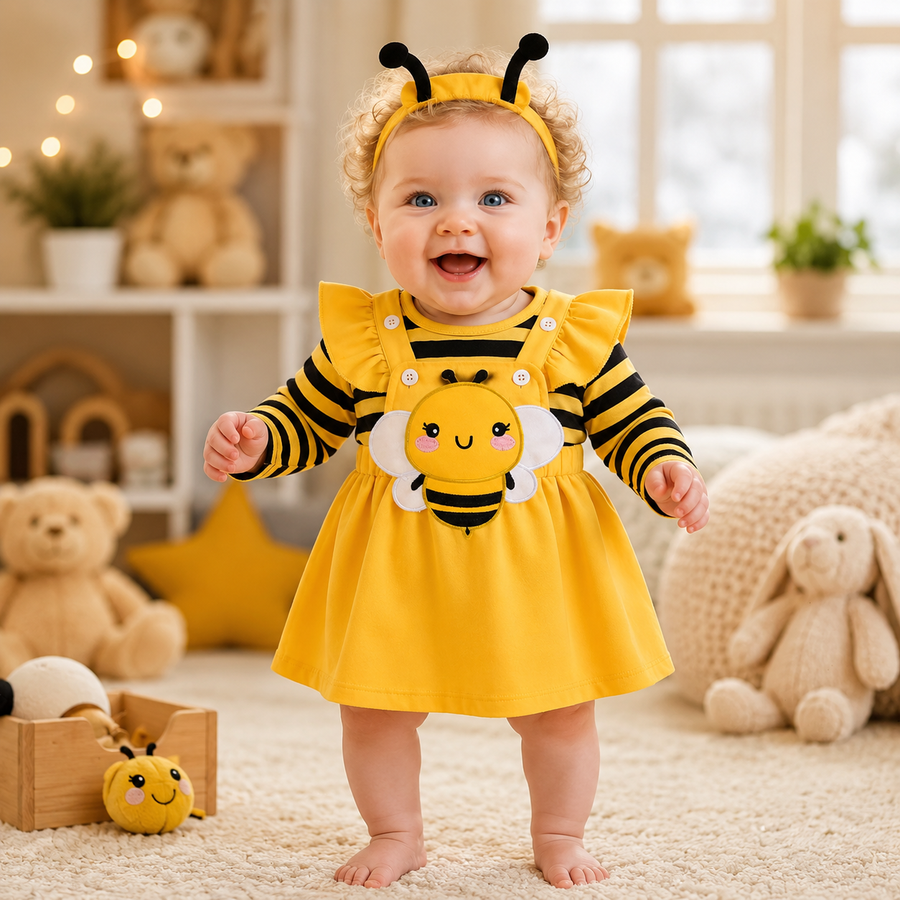 Long Sleeve Bee Baby Romper Dress Set with Headband