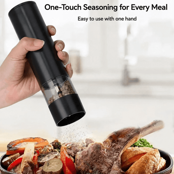 ChefPro rechargeable salt and pepper grinder seasoning steak and vegetables