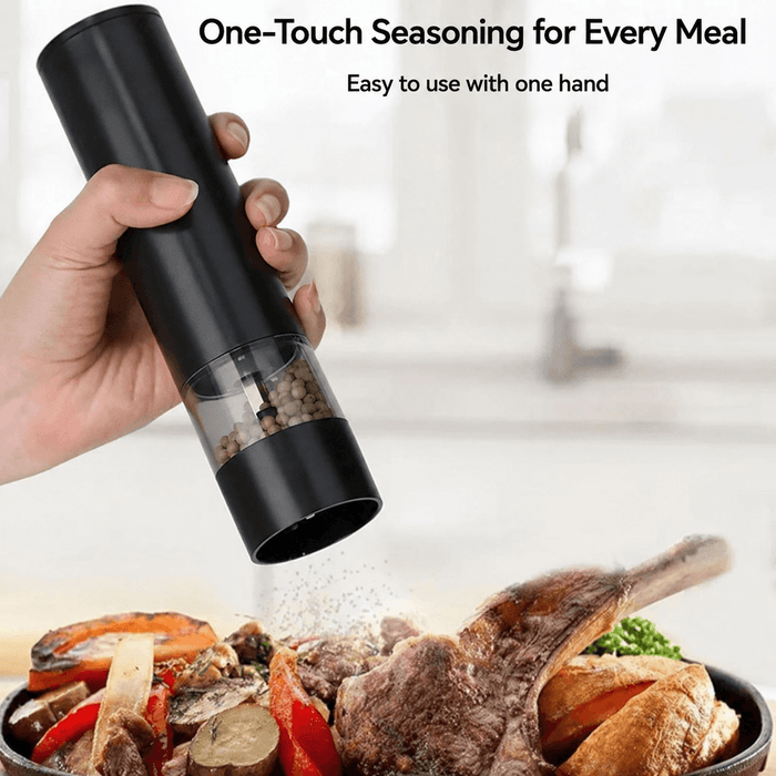 ChefPro rechargeable salt and pepper grinder seasoning steak and vegetables