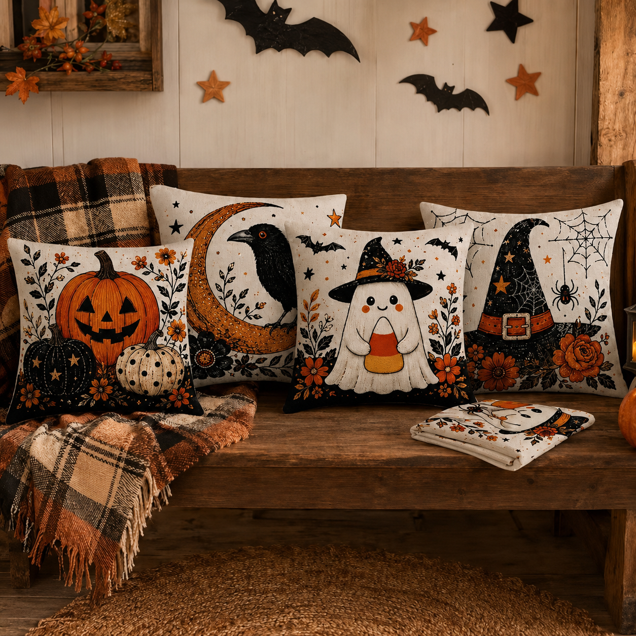 Halloween pillow covers set of four in a cozy fall living room