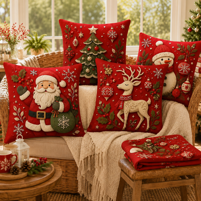 Classic Christmas pillow covers set of four in a festive living room