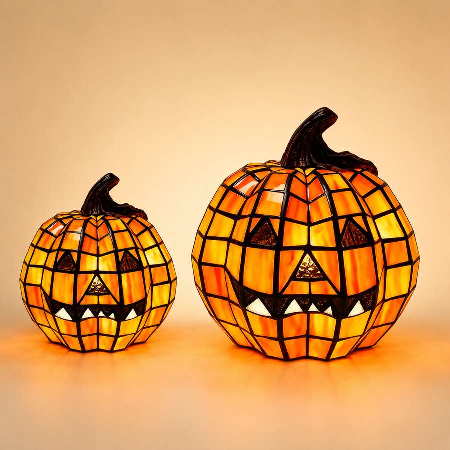 Pumpkin lamp glowing on a cozy Halloween mantel