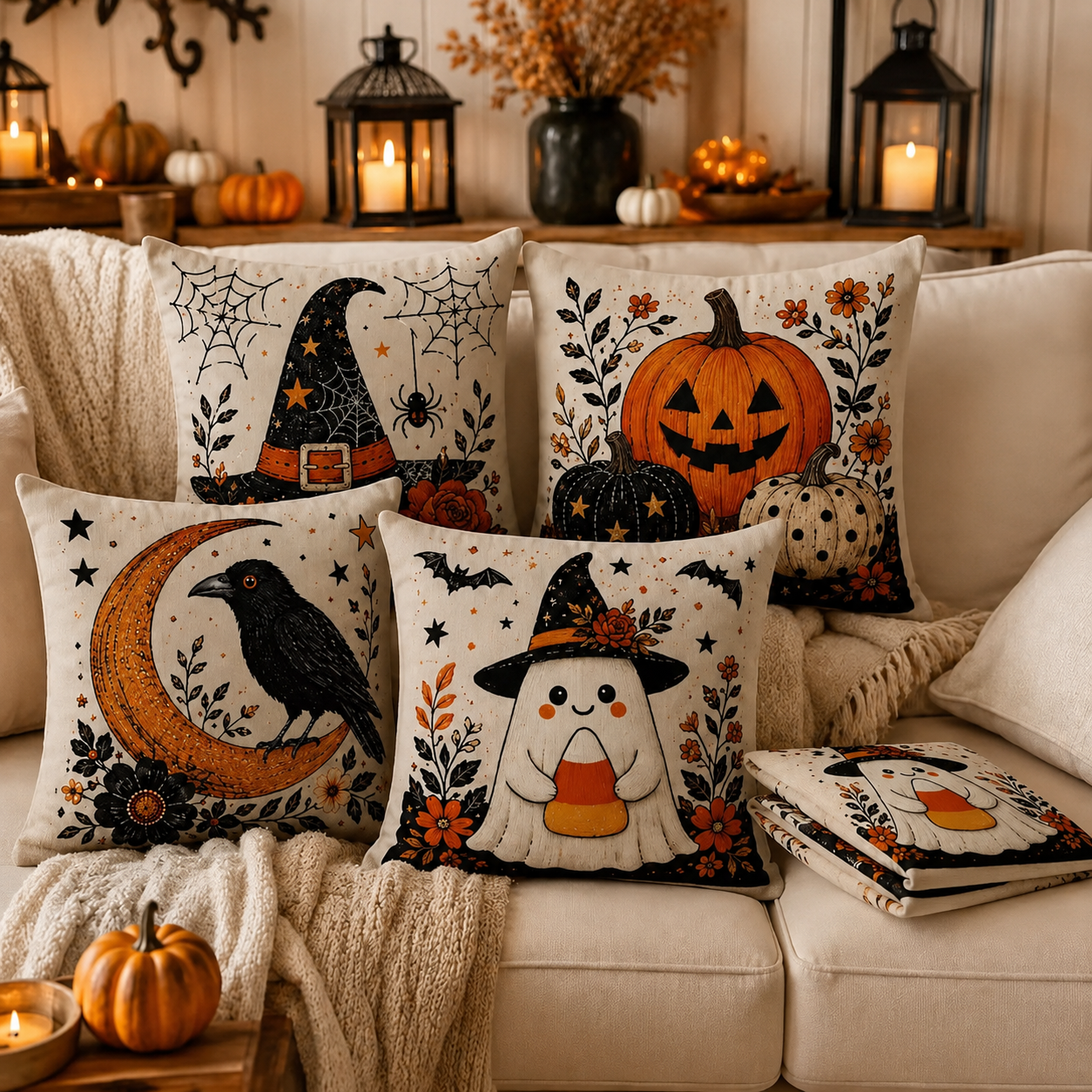Set of four Halloween pillow covers in a cozy fall living room