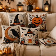 Four spooky pillow covers featuring raven ghost pumpkin and witch designs