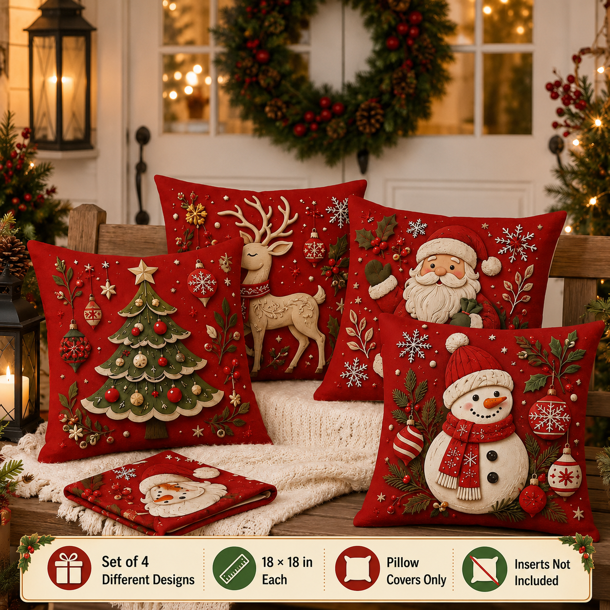 Four red Christmas pillow covers styled in a cozy holiday living room