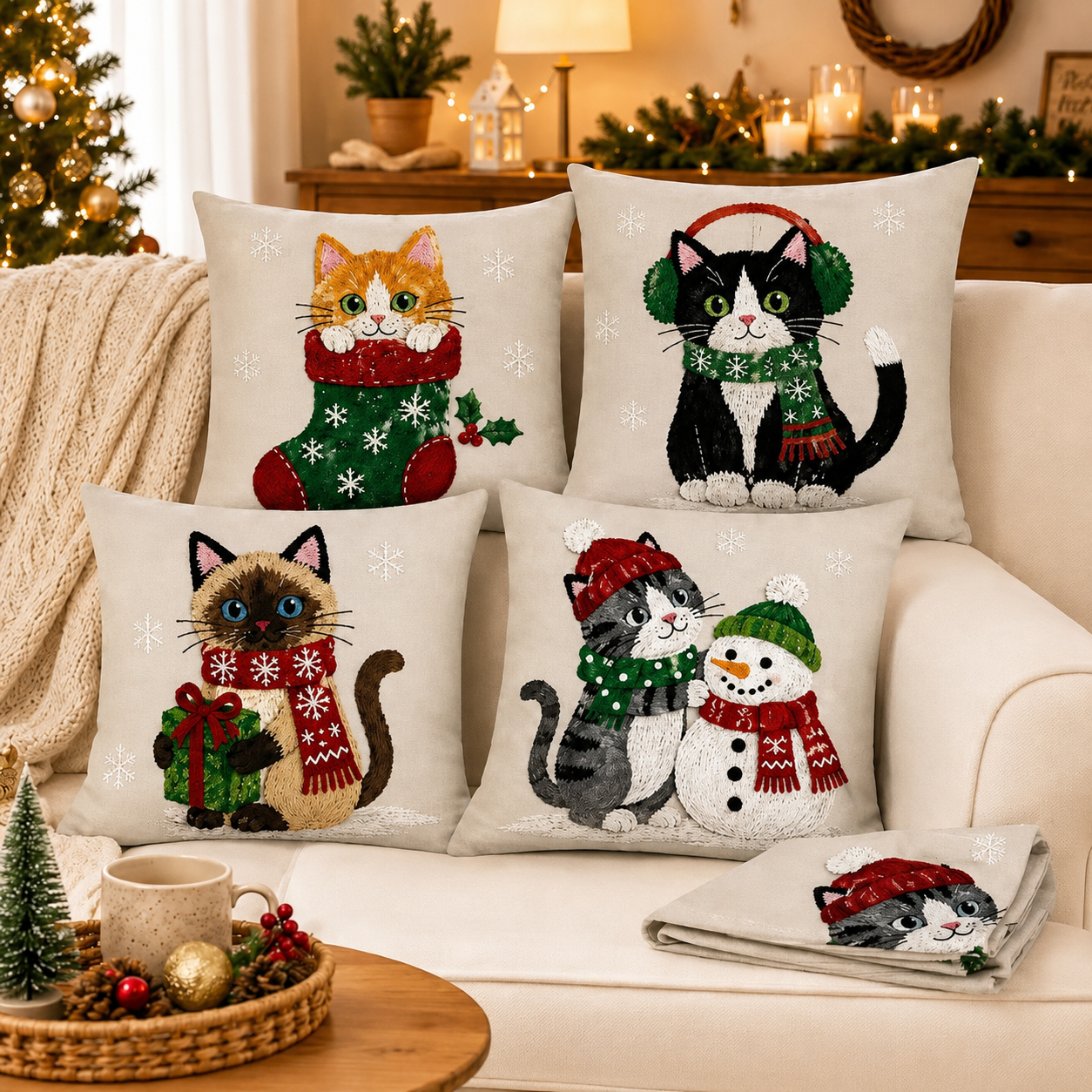 Set of four Christmas cat pillow covers in a cozy holiday living room