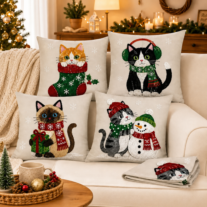 Four festive cat pillow covers featuring winter Christmas designs