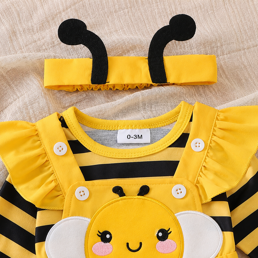 Long Sleeve Bee Baby Romper Dress Set with Headband