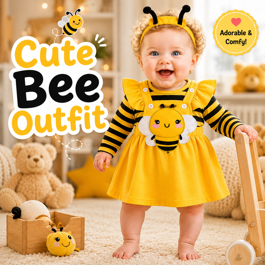 Long Sleeve Bee Baby Romper Dress Set with Headband