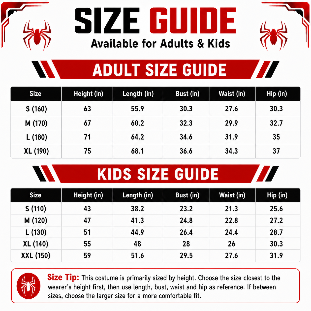 Peter Parker Brand New Day Cosplay Suit — Kids & Adults size guide