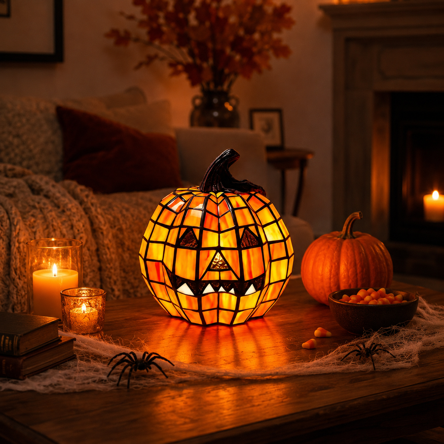 Small and large mosaic pumpkin lamp size comparison