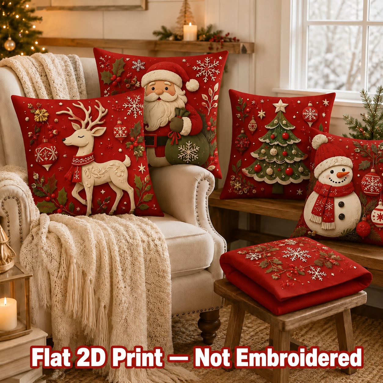 Flat printed Christmas pillow covers with four festive holiday designs
