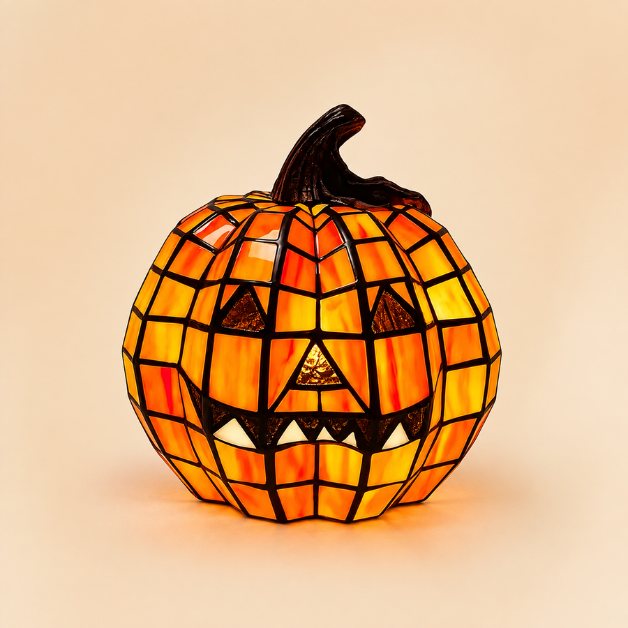 Close-up of orange mosaic-style jack-o-lantern lamp