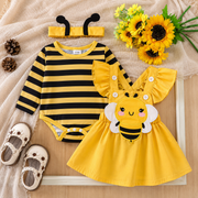 Long Sleeve Bee Baby Romper Dress Set with Headband