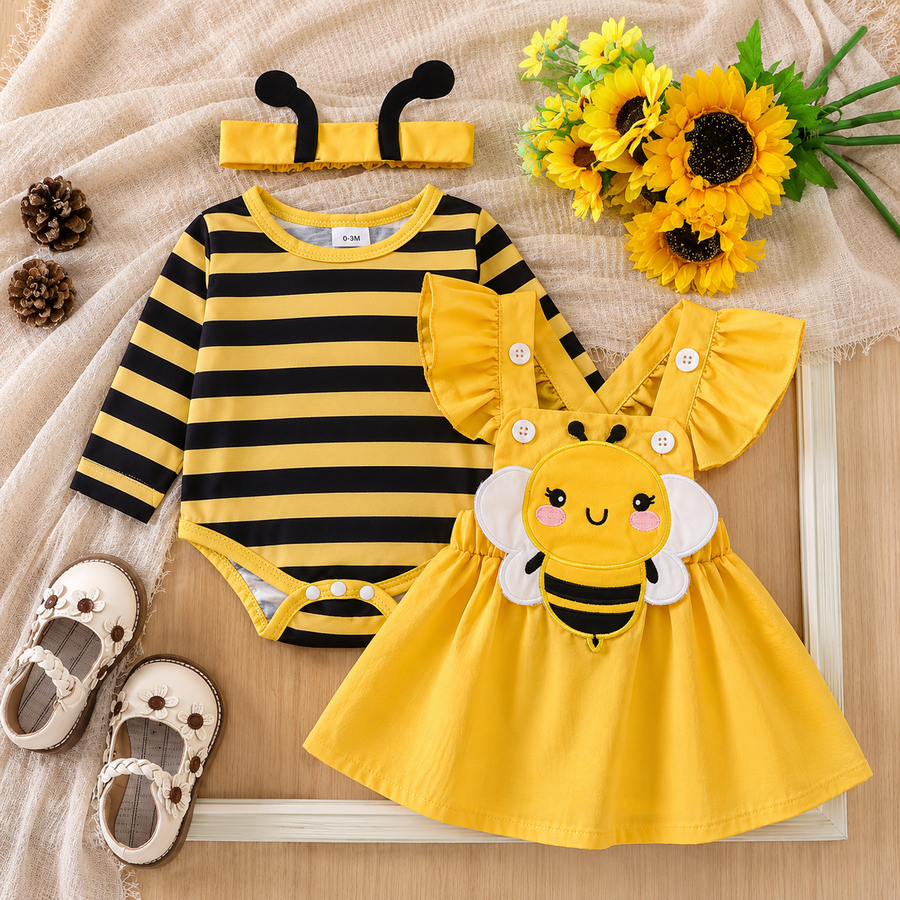 Long Sleeve Bee Baby Romper Dress Set with Headband