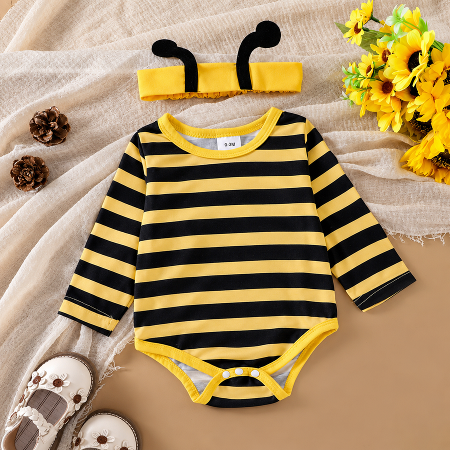 Long Sleeve Bee Baby Romper Dress Set with Headband