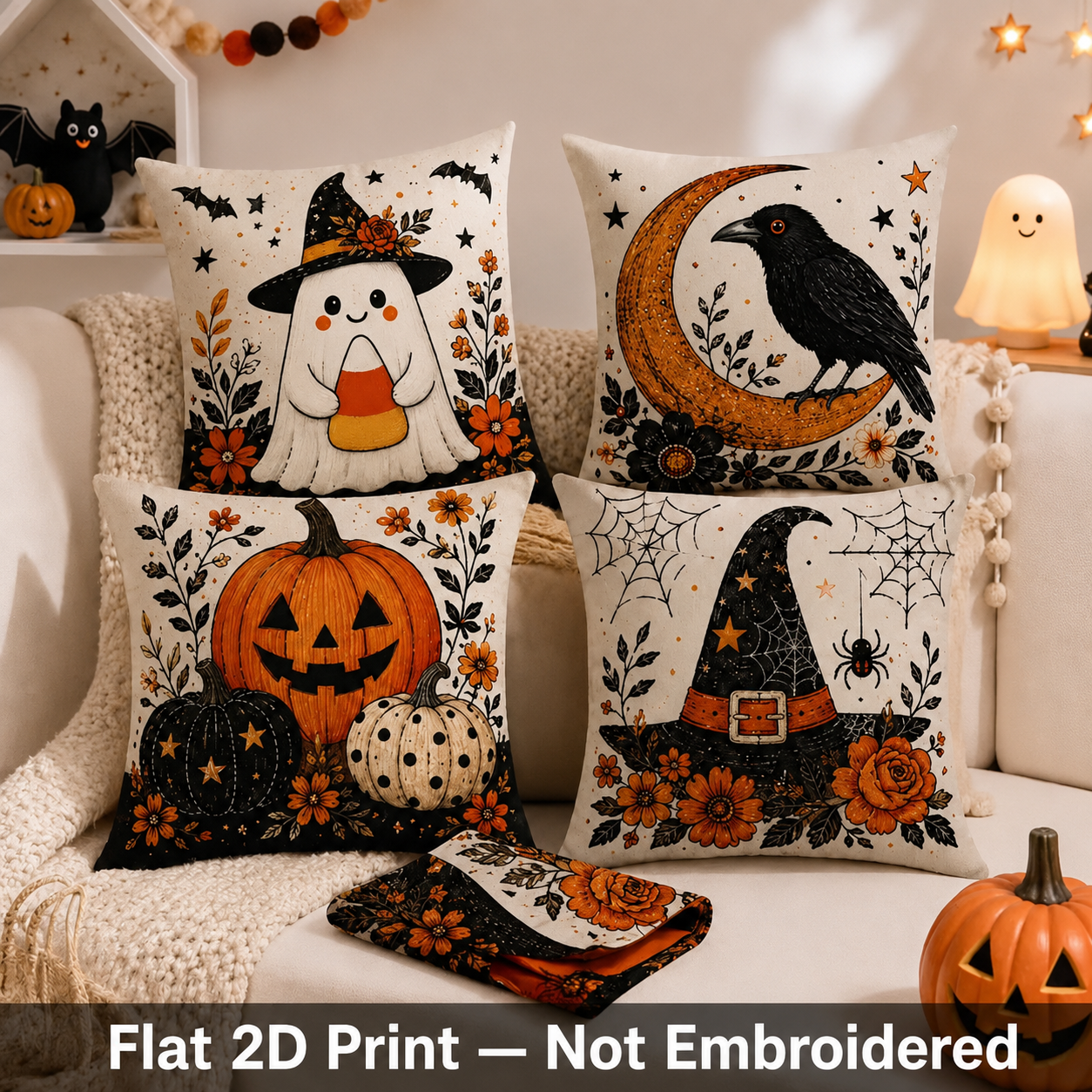 Flat printed Halloween pillow covers with raven ghost pumpkin and witch designs