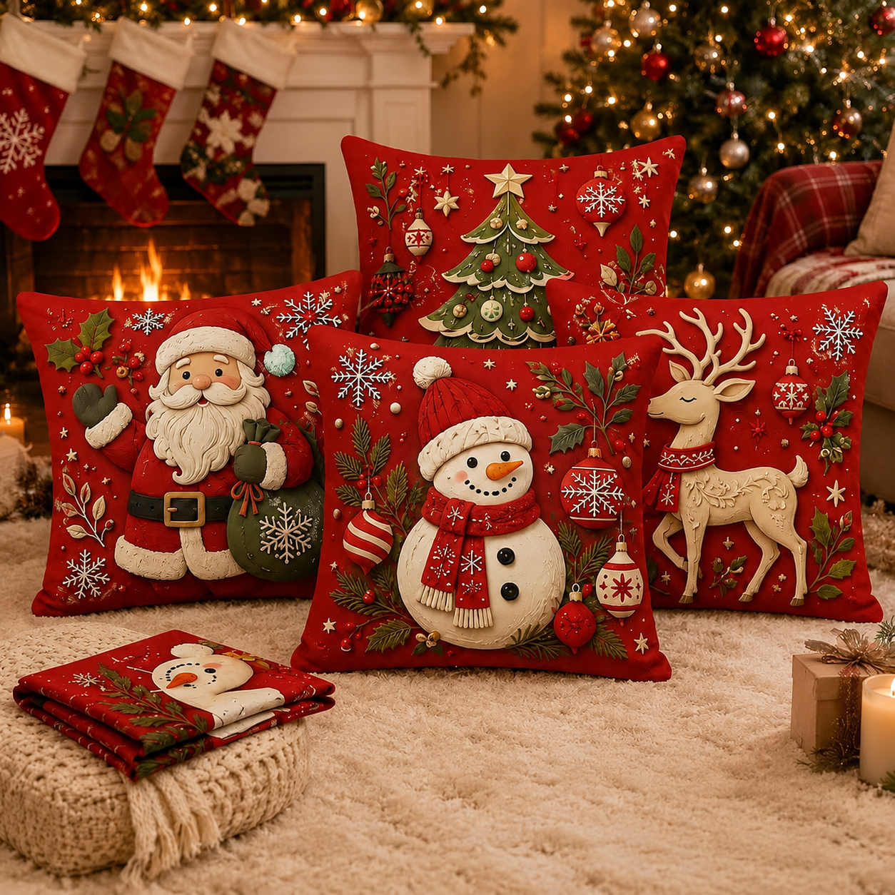 Set of four Christmas pillow covers featuring Santa Snowman Reindeer and Christmas Tree