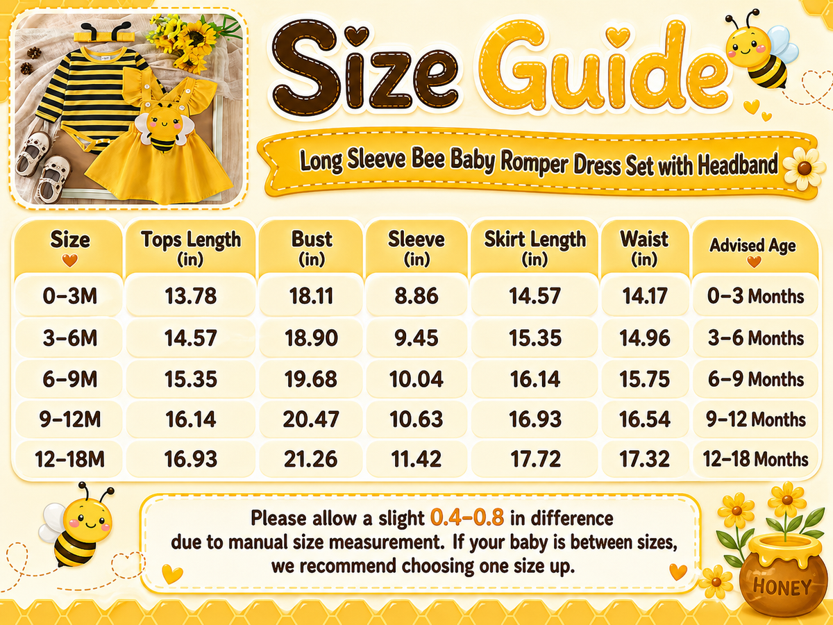 3-Piece Bee Baby Romper Dress Set size guide