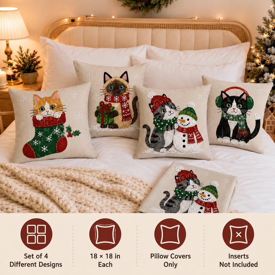 Flat printed Christmas cat pillow cover designs on soft microfiber fabric