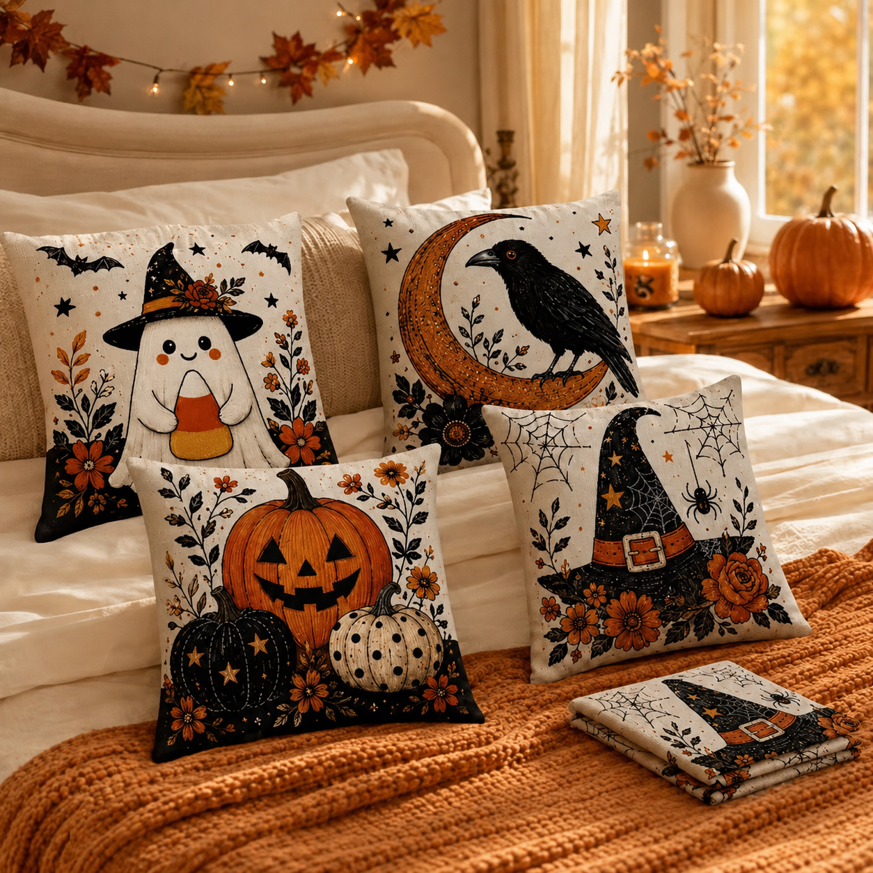 Halloween pillow covers displayed in a cozy spooky-season home
