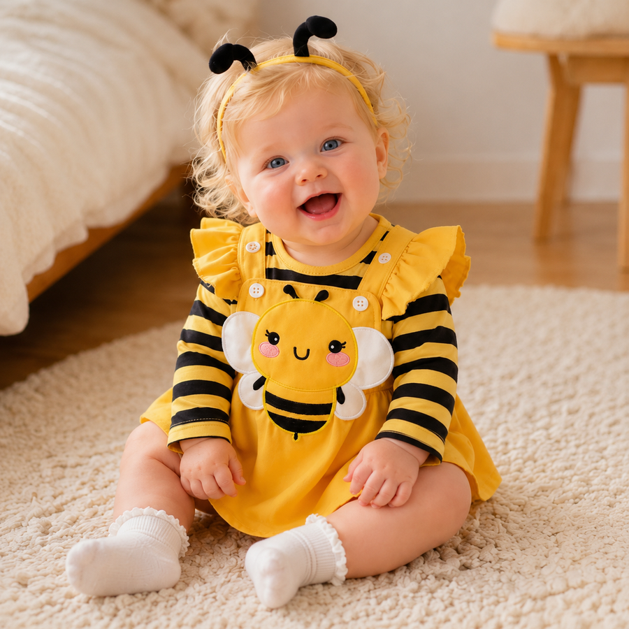 Long Sleeve Bee Baby Romper Dress Set with Headband