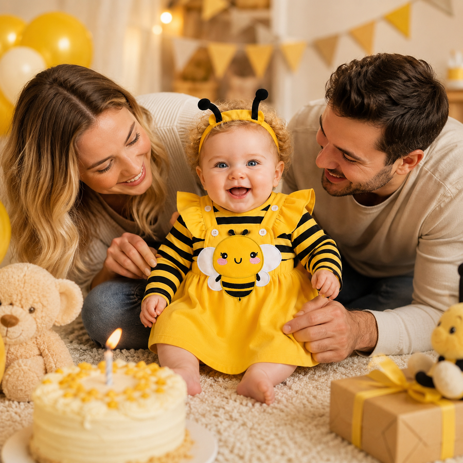 Long Sleeve Bee Baby Romper Dress Set with Headband
