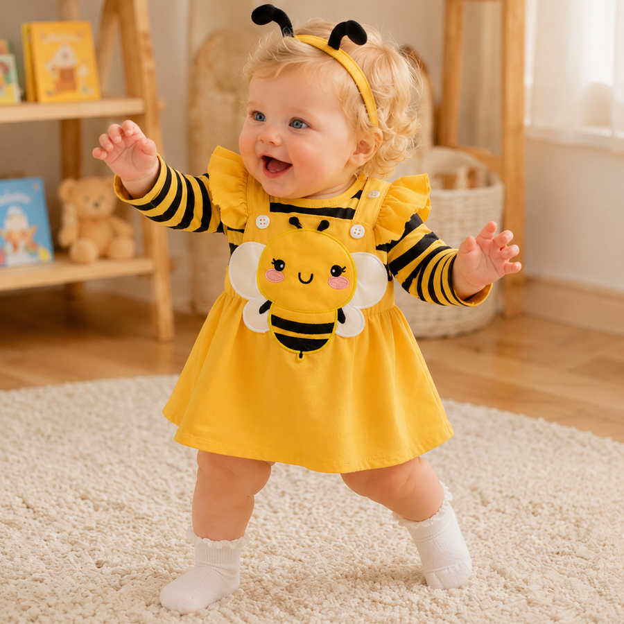 Long Sleeve Bee Baby Romper Dress Set with Headband