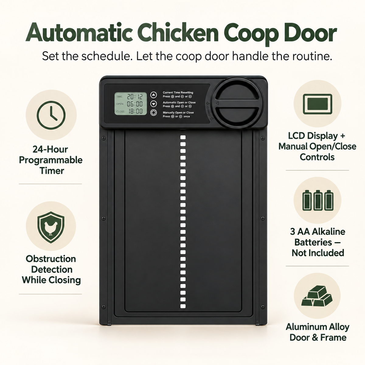 Automatic Chicken Coop Door — Timer & Obstruction Detection