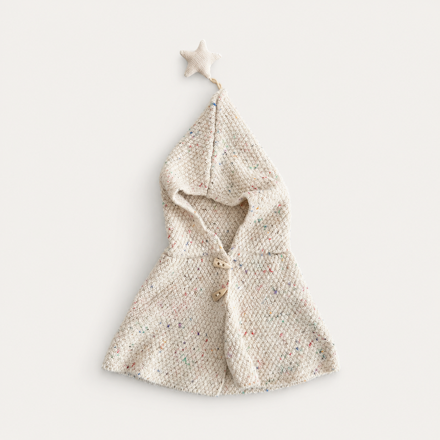 Oatmeal Beige Speckled Star-Detail Hooded Toddler Poncho