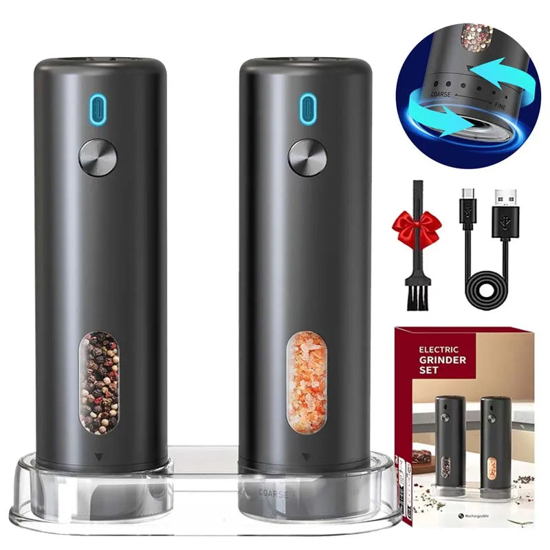 Two-piece rechargeable salt and pepper grinder set with base and accessories Main image