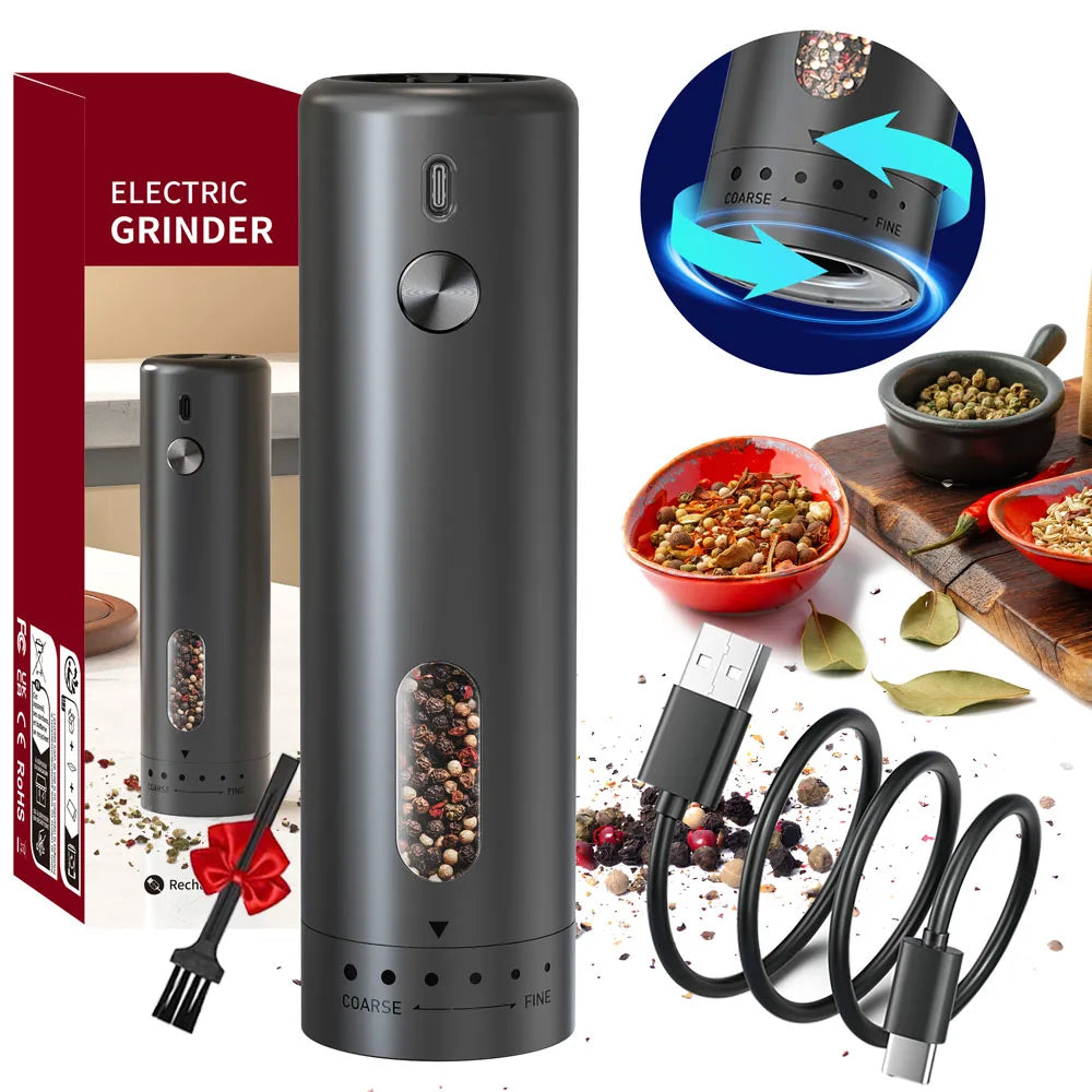 ChefPro rechargeable spice grinder with USB cable, cleaning brush and gift box