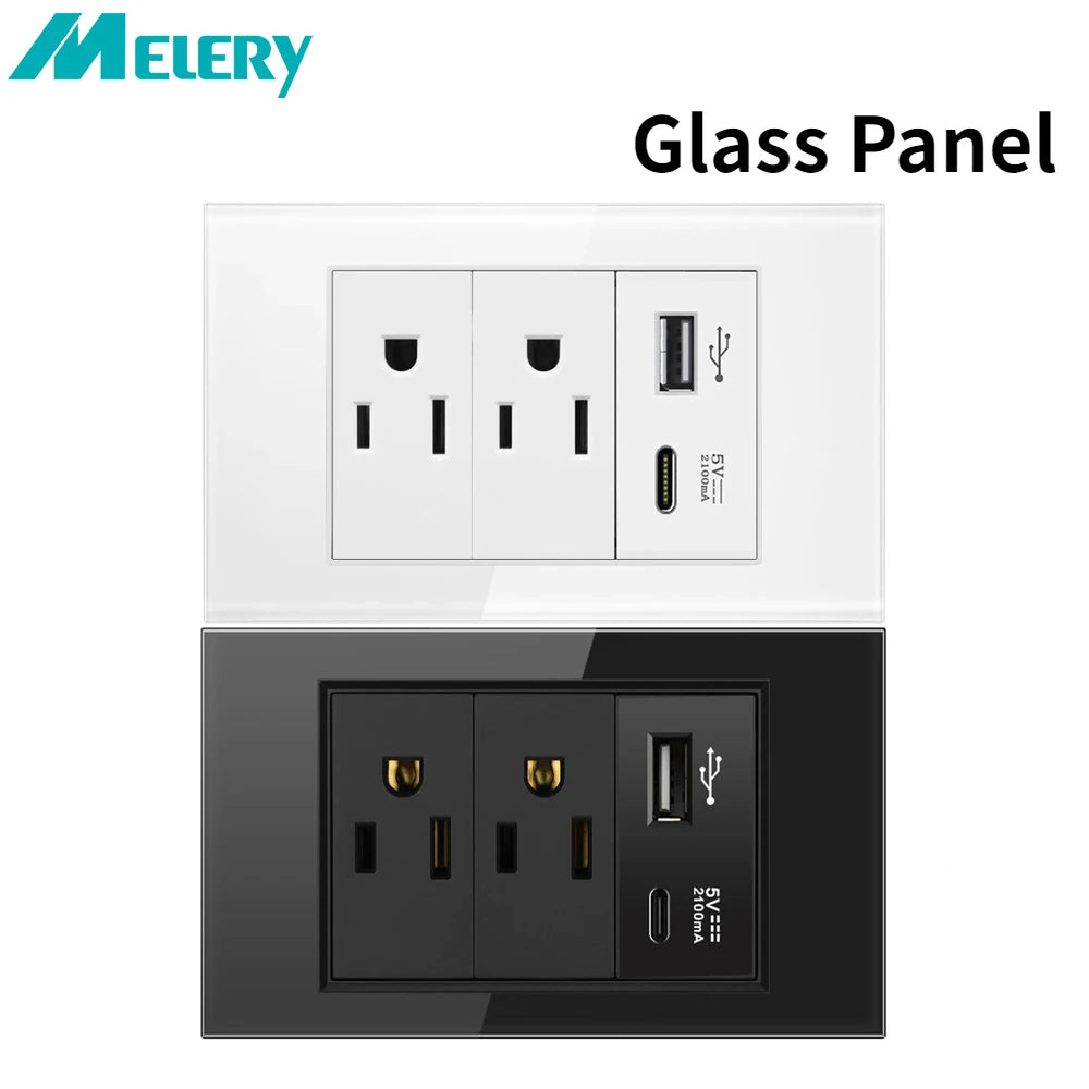 Melery US Power Wall Socket Double USB Type C Light Switch Glass Panel Outlet Temper Electrical Plug Home Office Main image
