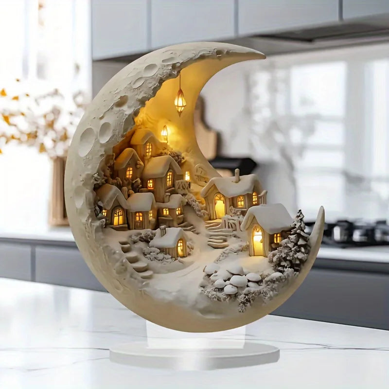 Christmas Village Crescent Moon Decor — Acrylic Tabletop Accent