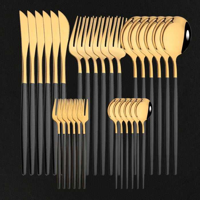 ChefPro™ 30-Piece Stainless Steel Cutlery Set — Black & Gold Modern Flatware for 6