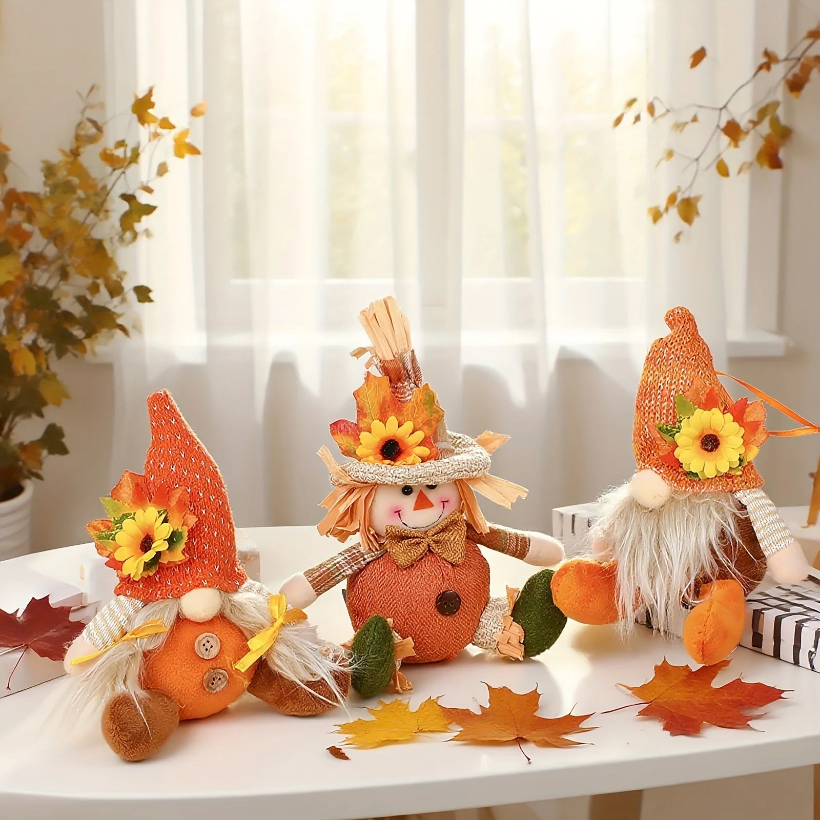Available rustic harvest gnome and scarecrow designs with plaid and sunflower details
