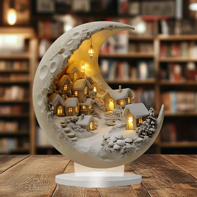 Christmas Village Crescent Moon Decor — Acrylic Tabletop Accent