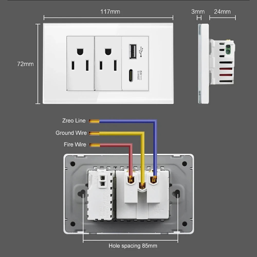 Melery US Power Wall Socket Double USB Type C Light Switch Glass Panel Outlet Temper Electrical Plug Home Office Secondary image