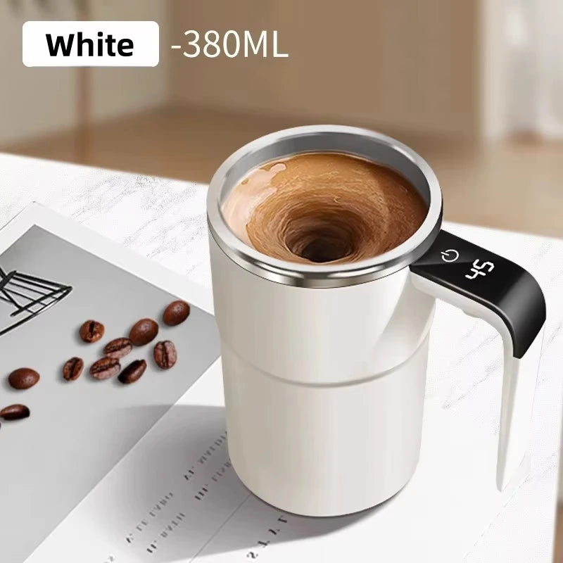 Self Stirring Coffee Mug with Temperature Display – 380ML Rechargeable Magnetic Mixing Cup (IP67 Waterproof)