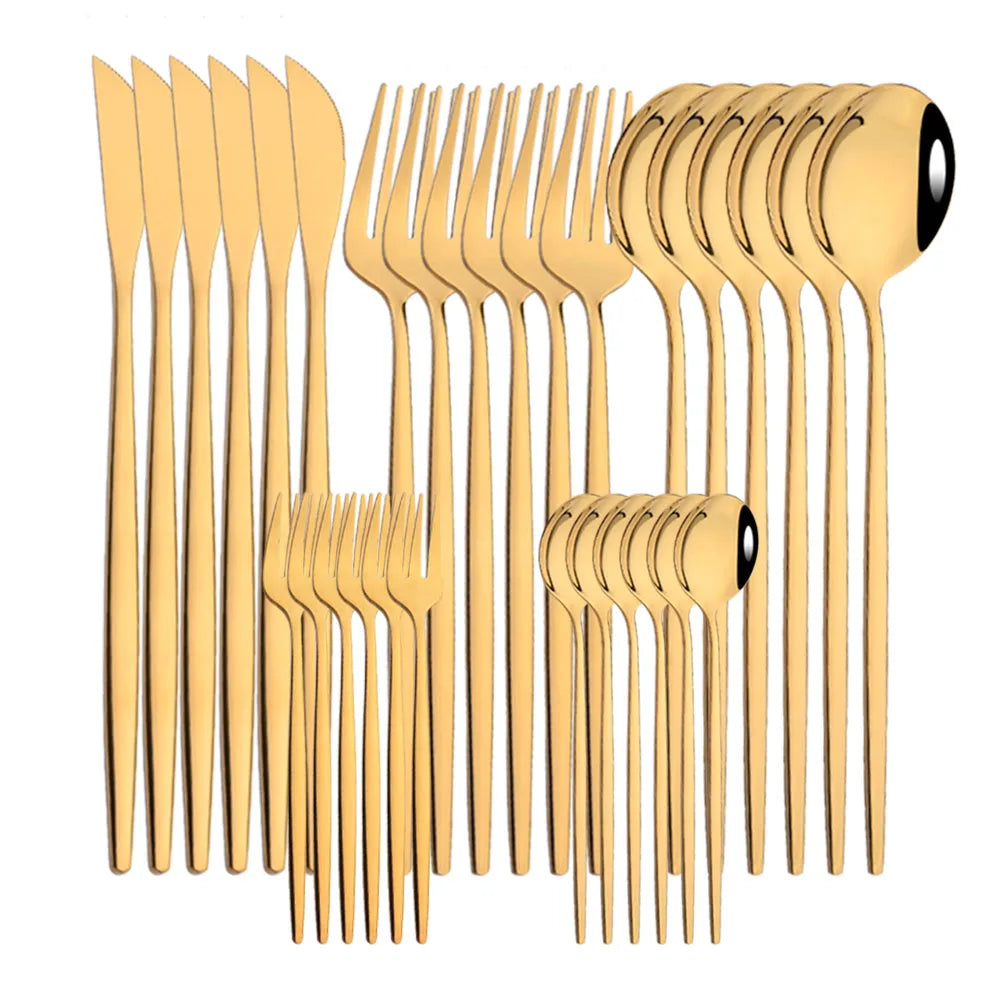 ChefPro™ 30-Piece Stainless Steel Cutlery Set — Black & Gold Modern Flatware for 6