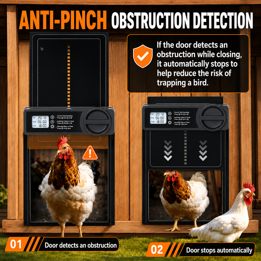 Automatic Chicken Coop Door — Timer & Anti-Pinch Sensor